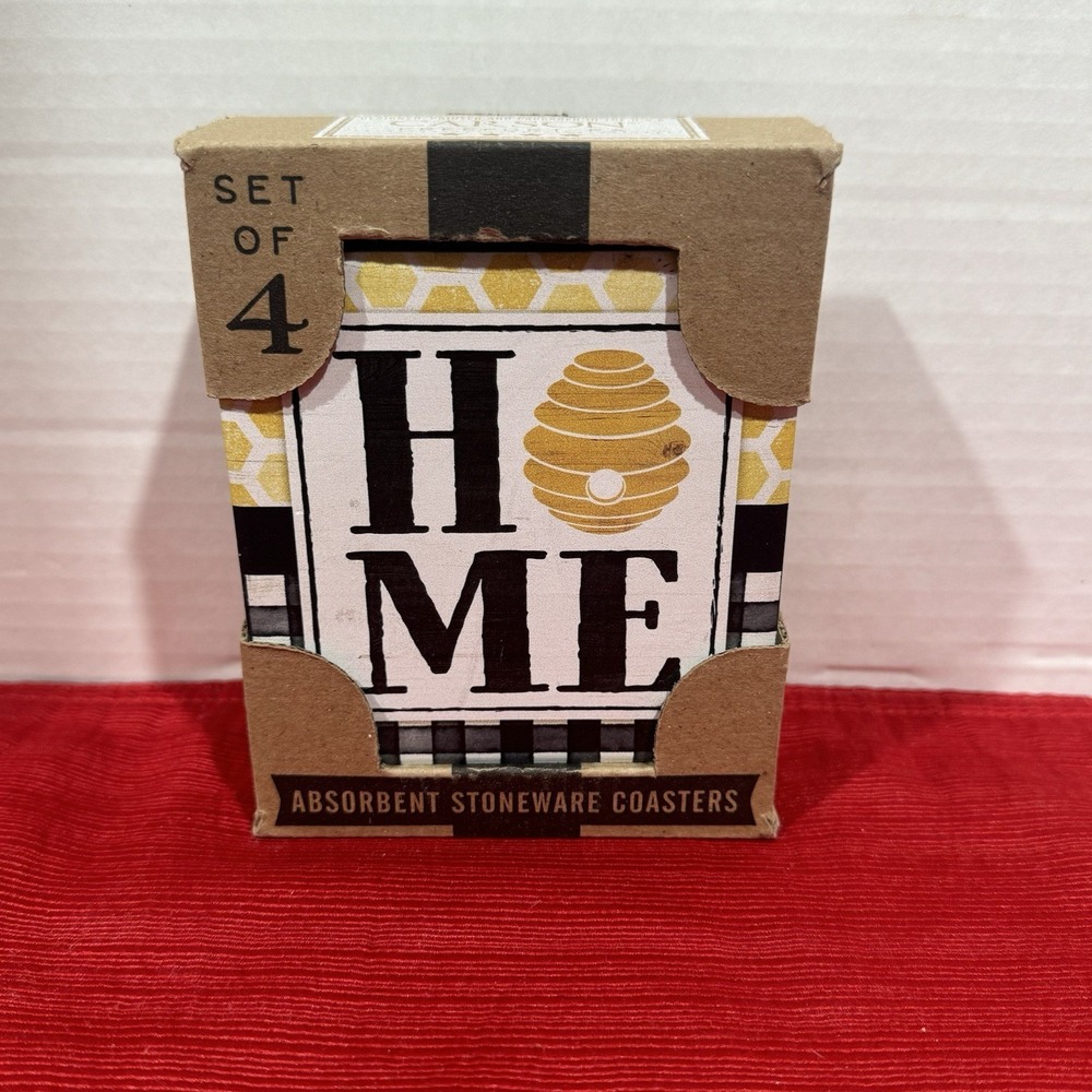 Carson Home Bee Themed Absorbent Stoneware Cork Back Coasters 4 Pack NIP SS75497